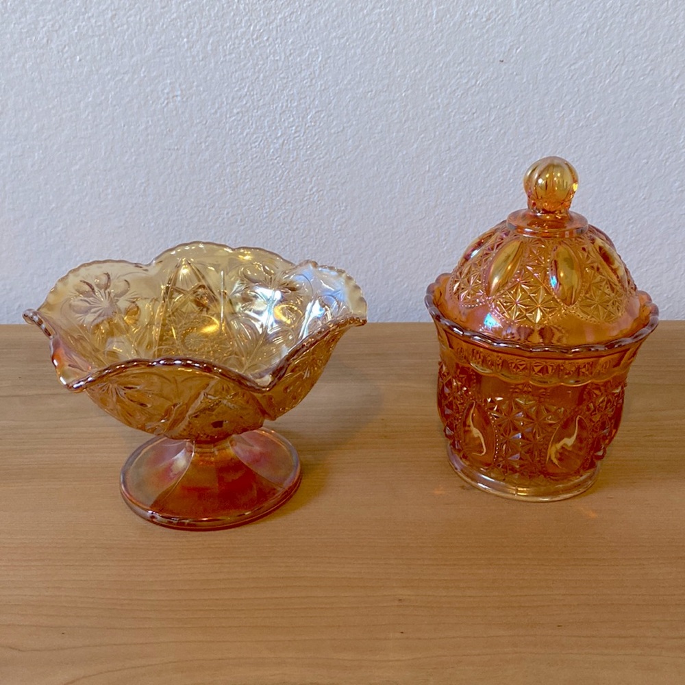 Beautiful vintage Imperial Carnival Glass compote bowl & candy dish in marigold